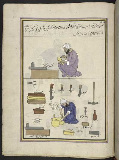 guarnicioneros,  86 dibujos encuadernados en un volumen que representa oficios y ocupaciones en Cachemira, se muestra a los artesanos trabajando con sus implementos y equipos,  Por un artista de Cachemira, probablemente en Srinagar, c.1850-60 (gouache sobr de Indian School