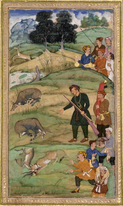 Salim, sosteniendo su rifle, señala a un nilgai muerto de Indian School