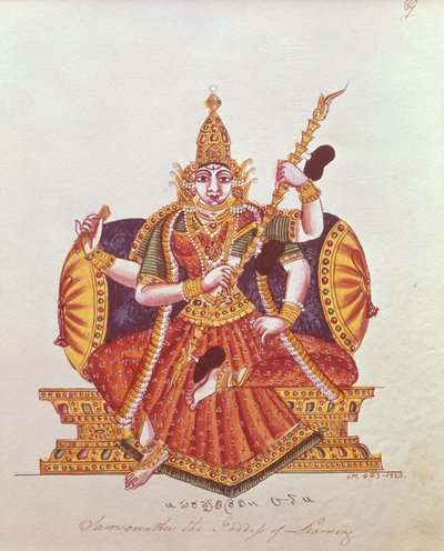 Saratheswathee, diosa hindú del aprendizaje, con inscripción en cingalés e inglés de Indian School