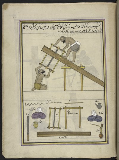 aserradores,  86 dibujos encuadernados en un volumen que representa oficios y ocupaciones en Cachemira, se muestra a los artesanos trabajando con sus implementos y equipos,  Por un artista de Cachemira, probablemente en Srinagar, c.1850-60 (gouache sobre p de Indian School