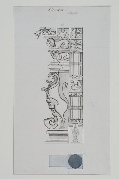 Columna esculpida de un león y otras figuras de Indian School