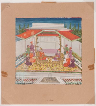 Figuras sentadas y asistentes ante una fuente de Indian School