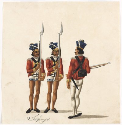 Sepoys y un oficial indio, Ejército de Bengala, c.1815 de Indian School