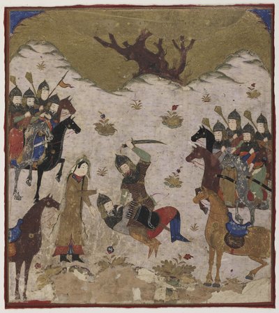 Shahru identifica a Burzu como el nieto de Rustam durante el combate final entre Rustam y Burzu, c.1425-50 de Indian School