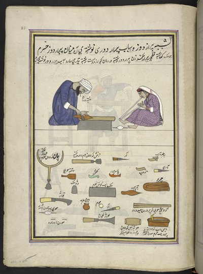Zapatero y su esposa haciendo una zapatilla,  86 dibujos encuadernados en un volumen que representa oficios y ocupaciones en Cachemira, se muestra a los artesanos trabajando con sus implementos y equipos,  Por un artista de Cachemira, probablemente en Srin de Indian School
