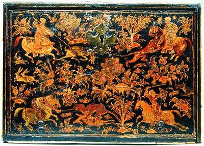 Lado de un gabinete de escritura que representa a nobles cazando, siglo XVII de Indian School
