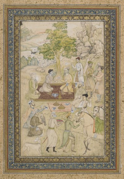 Sultán Murad y Sultán Daniyal en un picnic, folio de álbum separado con pintura, c.1900 de Indian School