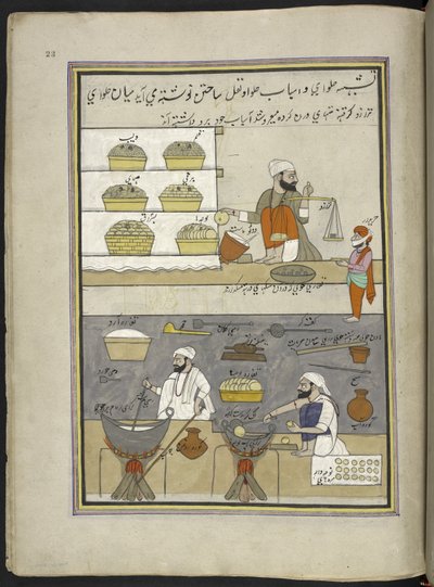 fabricantes de dulces,  86 dibujos encuadernados en un volumen que representa oficios y ocupaciones en Cachemira, se muestra a los artesanos trabajando con sus implementos y equipos,  Por un artista de Cachemira, probablemente en Srinagar, c.1850-60 (gouac de Indian School
