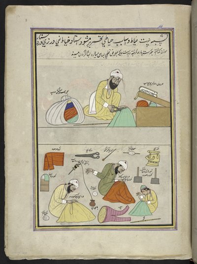 sastres,  86 dibujos encuadernados en un volumen que representa oficios y ocupaciones en Cachemira, se muestra a los artesanos trabajando con sus implementos y equipos,  Por un artista de Cachemira, probablemente en Srinagar, c.1850-60 (gouache sobre papel de Indian School