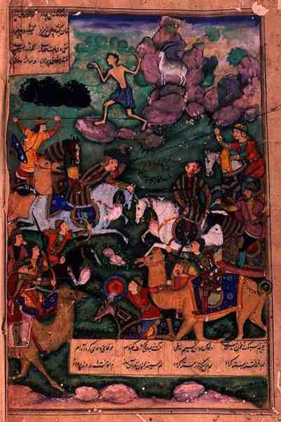 La batalla de los clanes, folio 15b del poema Layla y Majnun, escrito por Amir Khusrau Dihlavi (1253-1325) basado en la historia del Khamsa (Quinteto) de Nizami, Mughal, 1600 de Indian School