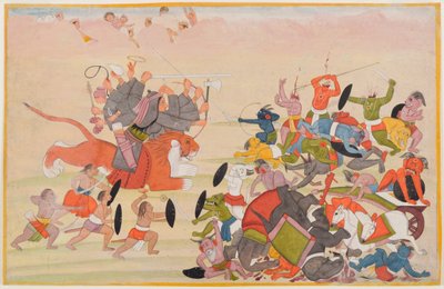 La Devi derrota a Mahishasura, folio de una serie dispersa Devi Mahatmya, c.1770-80 de Indian School