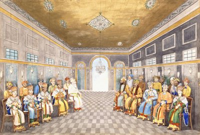 Los nawabs y reyes de Oudh en un interior de palacio con sus sirvientes, c.1800 de Indian School