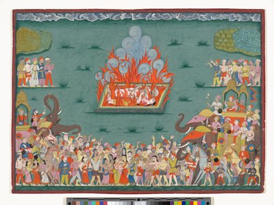 El Sati de Ramabai, esposa de Madhavrao Peshwa, c.1772-75 (acuarela y oro sobre papel) de Indian School