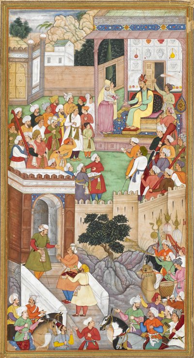 El joven Akbar presentado a Humayun (emperador mogol de la India) en Kabul de Indian School