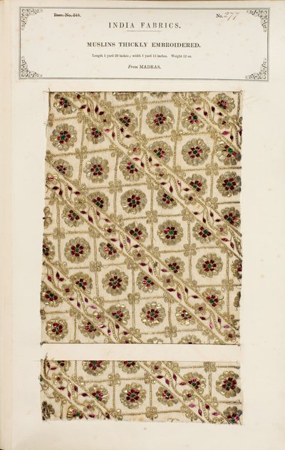 Muestra de muselina densamente bordada de Madrás, de La Colección de los Fabricantes de Textiles de la India, por John Forbes Watson, publicada en 1866 de Indian School