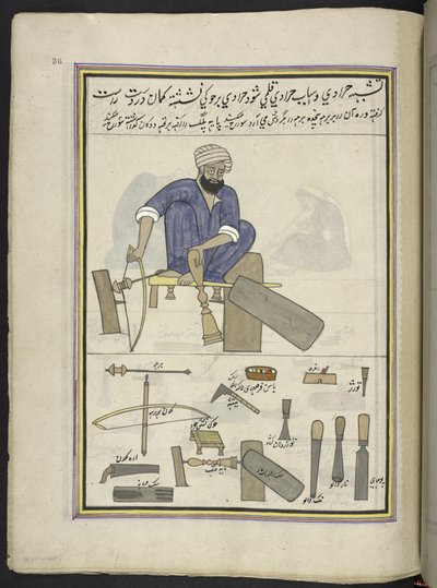 Tornero,  86 dibujos encuadernados en un volumen que representa oficios y ocupaciones en Cachemira, se muestra a los artesanos trabajando con sus implementos y equipos,  Por un artista de Cachemira, probablemente en Srinagar, c.1850-60 (gouache sobre papel de Indian School
