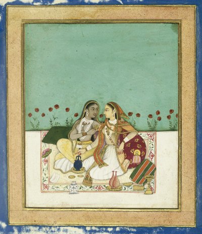 Dos mujeres en una terraza, después de 1700 (acuarela opaca y oro sobre papel) de Indian School