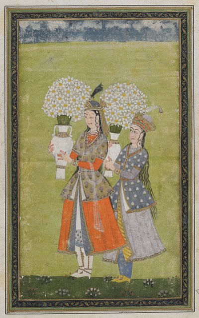Dos damas llevan flores, folio de álbum separado con pintura, siglo XIX de Indian School
