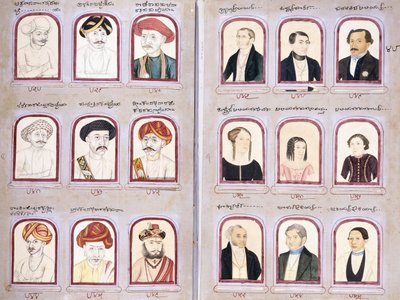 Dos hojas de un álbum de retratos nativos y europeos, c.1830-1850 de Indian School