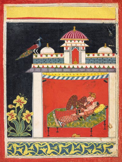 Dos amantes en un pabellón, de un "Amarushataka" (Cien poemas de Amaru), o una serie erótica no identificada, c.1680 (acuarela opaca y oro sobre papel) de Indian School