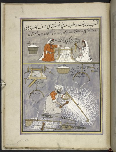 Dos mujeres desmotadoras de algodón; hombre cardando algodón,  86 dibujos encuadernados en un volumen que representa oficios y ocupaciones en Cachemira, se muestra a los artesanos trabajando con sus implementos y equipos,  Por un artista de Cachemira, prob de Indian School