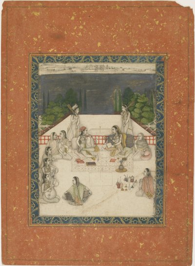Dos mujeres sentadas en una terraza, rodeadas de asistentes y músicos, c.1650 de Indian School