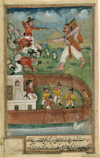 Un demonio atacando un fuerte defendido por soldados europeos de Indian School