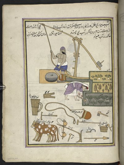 Cultivadores de hortalizas con pozo,  86 dibujos encuadernados en un volumen que representa oficios y ocupaciones en Cachemira, se muestra a los artesanos trabajando con sus implementos y equipos,  Por un artista de Cachemira, probablemente en Srinagar, c. de Indian School