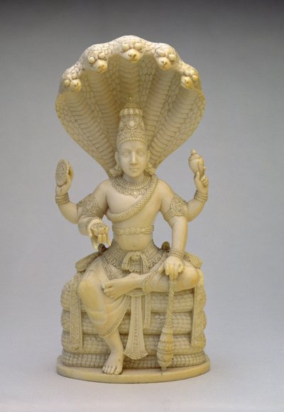 Vishnu, sentado en la Serpiente Sesha, sosteniendo una concha, maza, disco y loto de Indian School