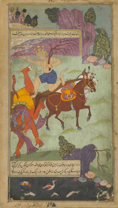 Vol.2 fol.197 Hanuman derriba a Jambumali de Indian School