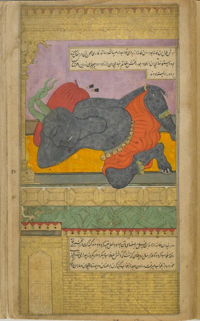 Kumbhakarna, engañado por los dioses para pedir a Brahma el don del sueño interminable, duerme en la magnífica morada preparada para él por orden de Ravana de Indian School
