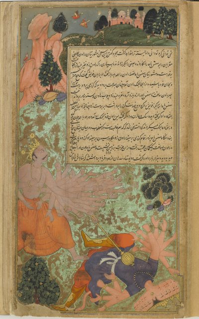 Arjuna derriba a Ravana con su maza y avanza para capturarlo con sus mil brazos de Indian School