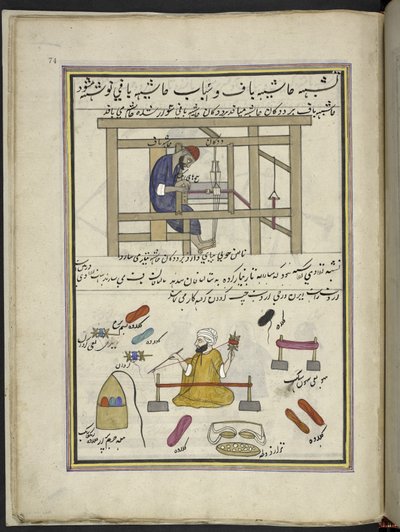 Weaver haciendo un borde; hombre devanando lanas de colores,  86 dibujos encuadernados en un volumen que representa oficios y ocupaciones en Cachemira, se muestra a los artesanos trabajando con sus implementos y equipos,  Por un artista de Cachemira, proba de Indian School
