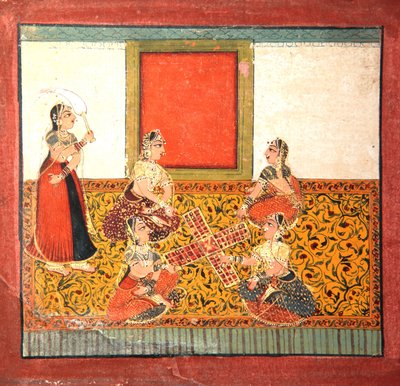 Mujeres jugando Parcheesi, sentadas en un suelo con patrón amarillo de Indian School