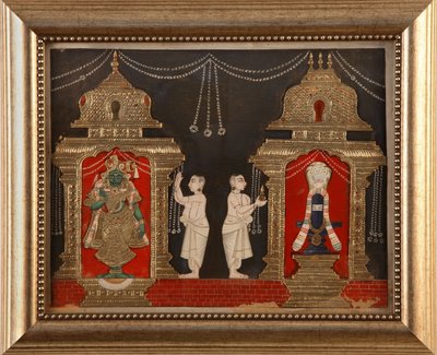 Adorando a Vishnu y Shiva en forma de Shivalingam, Escuela de Tanjavore, finales del siglo XIX de Indian School