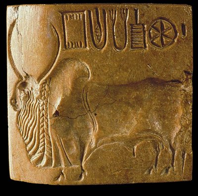 Sello de toro cebú con escritura del Indo encontrado en Mohenjo Daro, Valle del Indo, 3er milenio a.C. de Indus Valley Civilisation.