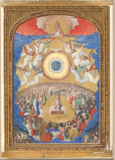 Hoja de manuscrito con la adoración del Santo Nombre, de un Libro de Horas de Influence of Simon Bening