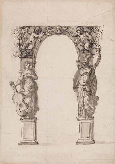 Diseño de un arco temporal ornamentado con putti y figuras alegóricas de la música y la guerra de Inigo Jones