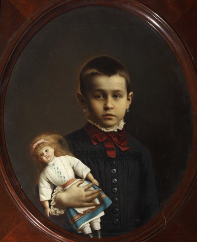 Retrato de niña con muñeca en la mano par Volkov, Iosif Petrovich (1854-después de 1897). Óleo sobre lienzo de Iosif Petrovich Volkov