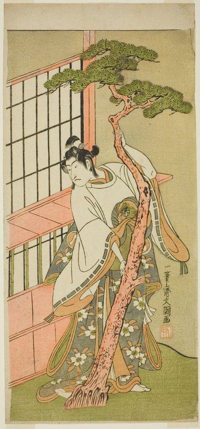 El Actor Ichikawa Monnosuke II como Tsunewaka-maru en la Obra Iro Moyo Aoyagi Soga, Representada en el Teatro Nakamura en el Segundo Mes, 1775 de Ippitsusai Bunchō
