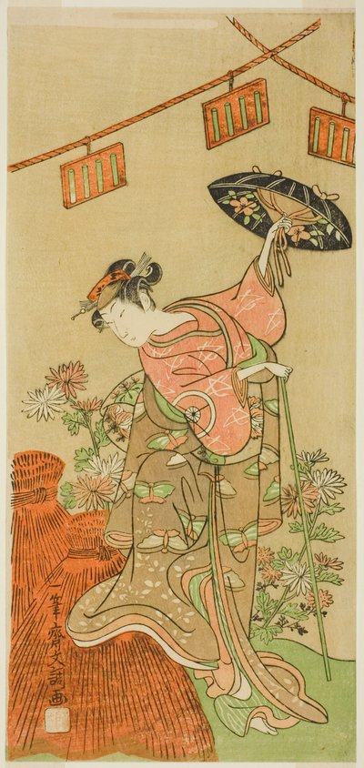El Actor Iwai Hanshiro IV como Otatsu-gitsune en la Obra Nue no Mori Ichiyo no Mato, Representada en el Teatro Nakamura en el Undécimo Mes, 1770 de Ippitsusai Bunchō