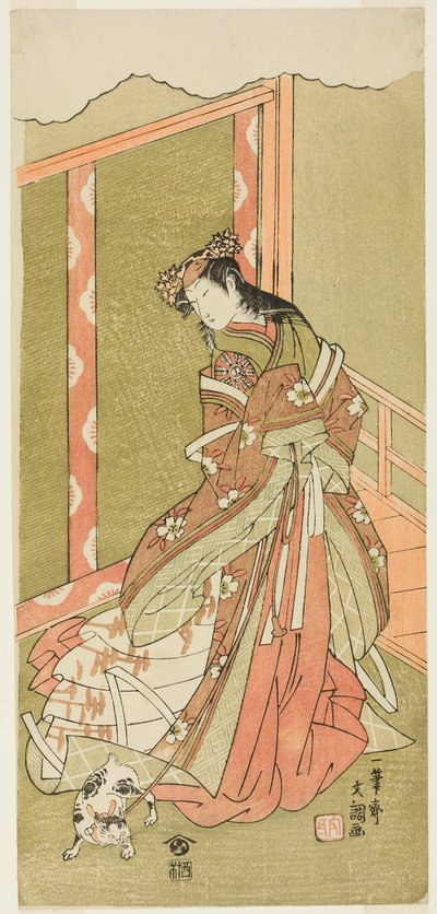 El actor Nakamura Noshio I como la Tercera Princesa (Nyosan no Miya) en la obra Fuki Kaete Tsuki mo Yoshiwara, representada en el Teatro Morita desde el primer día del undécimo mes de Ippitsusai Bunchō