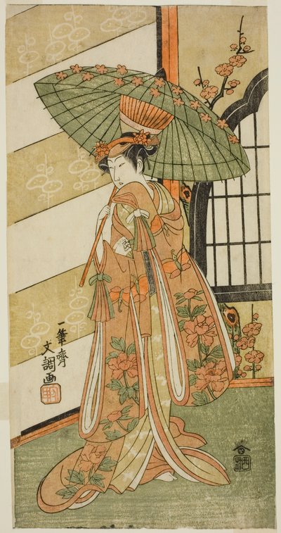 El actor Onoe Tamizo I como Nishikigi en la obra Mutsu no Hana Ume no Kaomise, representada en el Teatro Ichimura en el undécimo mes, 1769 de Ippitsusai Bunchō