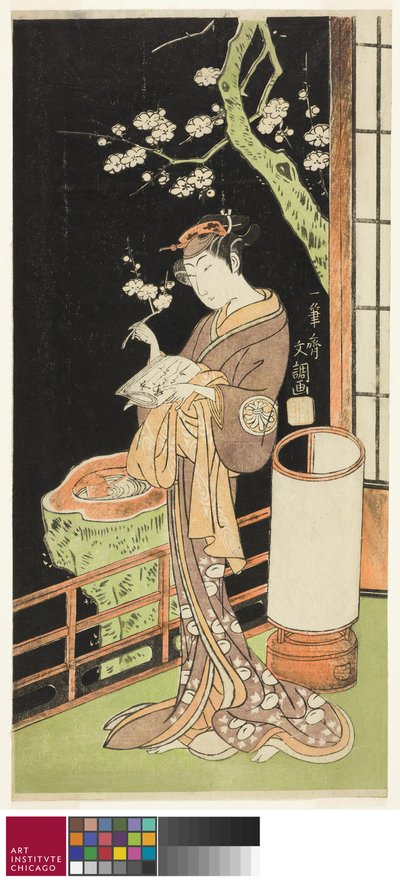 El actor Segawa Kikunojo II como Oiso no Tora en la obra Soga Moyo Aigo no Wakamatsu, representada en el Teatro Nakamura en el primer mes, 1769, c.1769 de Ippitsusai Bunchō