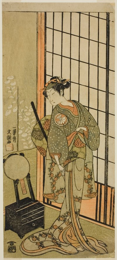 El actor Segawa Kikunojo II como la princesa Hitomaru en la obra Soga Moyo Aigo no Wakamatsu, representada en el Teatro Nakamura en el primer mes de 1769 de Ippitsusai Bunchō