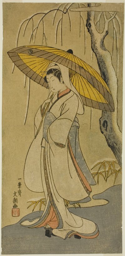 El actor Segawa Kikunojo II como la Doncella Garza en la obra "Algodón de Izu protegiendo los crisantemos matrimoniales," representada en el Teatro Ichimura desde el primer día del undécimo mes, 1770 de Ippitsusai Bunchō