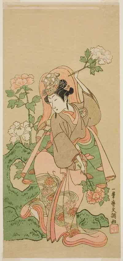 El actor Segawa Kikunojo II en la danza Shakkyo en la obra Soga Moyo Aigo no Wakamatsu, representada en el Teatro Nakamura en el segundo mes de 1769 de Ippitsusai Bunchō