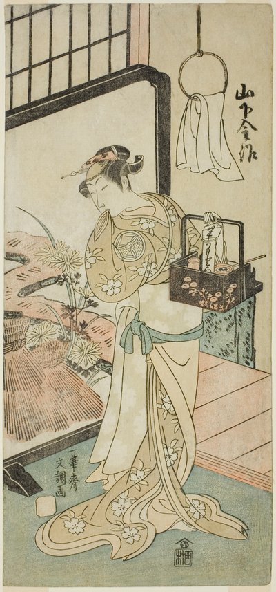 El actor Yamashita Kinsaku II como Oume, esposa de Kisaku, en la obra Nue no Mori Ichiyo no Mato, presentada en el Teatro Nakamura en el undécimo mes, 1770 de Ippitsusai Bunchō