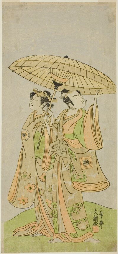 Los actores Ichikawa Komazo II como Chunagon Yukihira (derecha), e Iwai Hanshiro IV como Murasame (izquierda), en la obra Kuni no Hana Ono no Itsumoji, representada en el Teatro Nakamura en el undécimo mes, 1771 de Ippitsusai Bunchō
