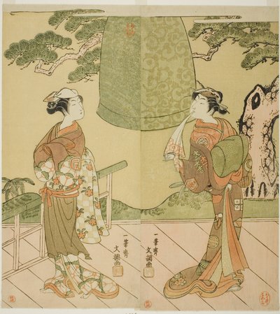 Los actores Ichimura Uzaemon IX como Shume no Hangan Morihisa (derecha), y Sanogawa Ichimatsu II como Chujo (izquierda), en la obra Edo no Hana Wakayagi Soga, representada en el Teatro Ichimura en el segundo mes, 1769 de Ippitsusai Bunchō